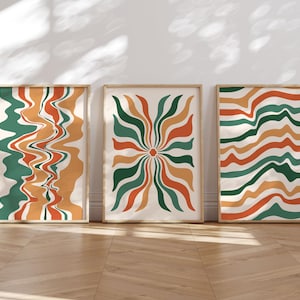 Funky Boho Wall Art Set of 3, Green Orange Prints, Eclectic Wall Art, Trendy Boho Prints, Maximalist Wall Decor, Retro College Dorm Decor