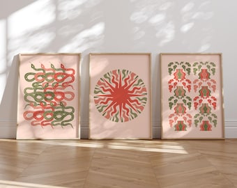 Boho Gallery Wall Art Prints, Retro Modern Set of 3 (Digital Download)