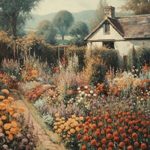 May include: A white cottage with a brown roof sits in a lush garden with a variety of colorful flowers. The garden is filled with a mix of pink, yellow, orange, and red flowers. A stone path leads through the garden towards the cottage.