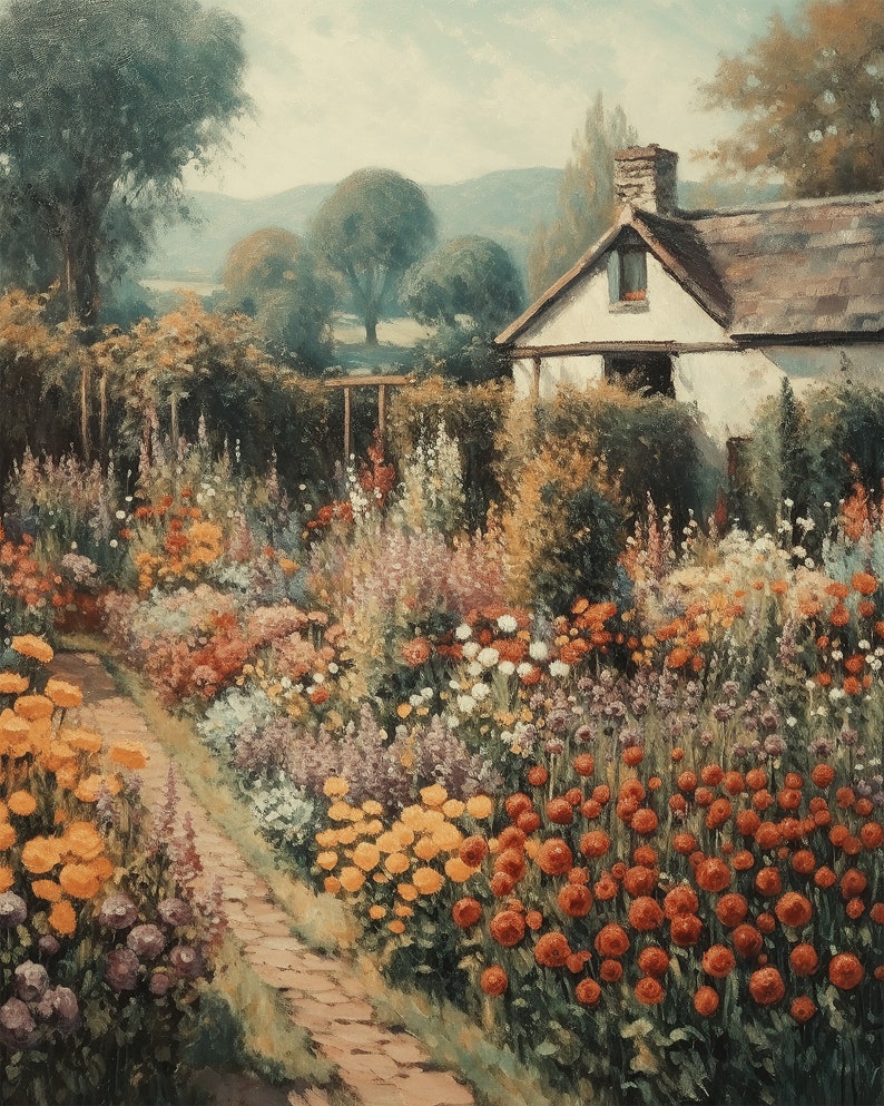 May include: A white cottage with a brown roof sits in a lush garden with a variety of colorful flowers. The garden is filled with a mix of pink, yellow, orange, and red flowers. A stone path leads through the garden towards the cottage.