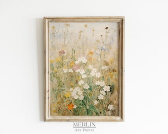 ヴィンテージの野花の絵画プリント、素朴な農家風インテリア（デジタルダウンロード）