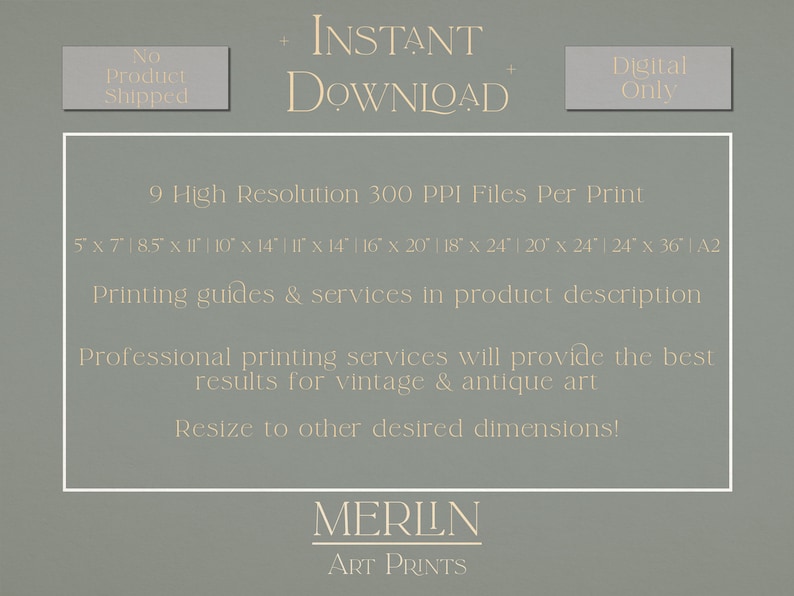 May include: A digital download of 9 high-resolution printable files for vintage and antique art. The files are available in 300 PPI and in sizes ranging from 5x7 inches to 24x36 inches.  INSTANT DOWNLOAD. MERILN ART PRINTS.