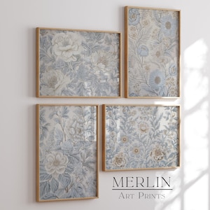 Neutral Blue Textile Art Gallery Print Set of 4 PRINTABLE Floral Art for Eclectic Wall Decor G31-4