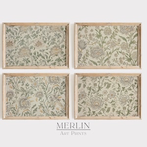May include: Four framed art prints with a floral pattern in shades of green, white, and beige. The prints are arranged in a grid pattern on a white wall. The text "MERLIN ART PRINTS" is below the prints.