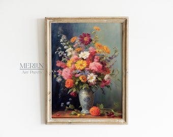 Vintage Flower Print Art, Floral Still Life Oil Painting, Printable Digital Antique Art 299