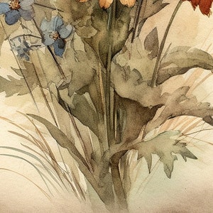 K&ouml;nnte beinhalten: Ein Aquarellbild eines Blumenstrau&szlig;es mit blauen und orangefarbenen Bl&uuml;ten. Die Stiele sind gr&uuml;n und braun, und der Hintergrund ist hellbeige.