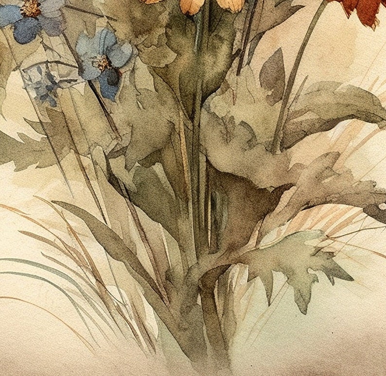 K&ouml;nnte beinhalten: Ein Aquarellbild eines Blumenstrau&szlig;es mit blauen und orangefarbenen Bl&uuml;ten. Die Stiele sind gr&uuml;n und braun, und der Hintergrund ist hellbeige.