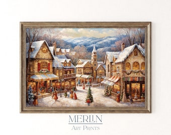 Christmas Village Painting Print, Rustic Winter Town Art (Digital Download)