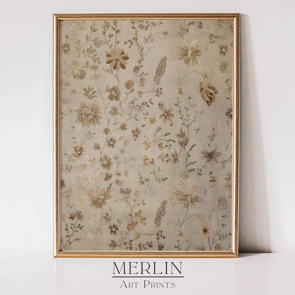 Antieke bloementapijtprint, neutrale beige boerderijmuurkunst (digitale download)
