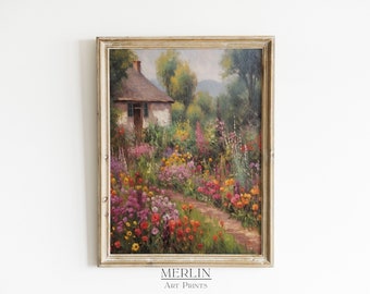 French Garden Cottage Impressionist Painting, Vintage Art PRINT (Digital Download)
