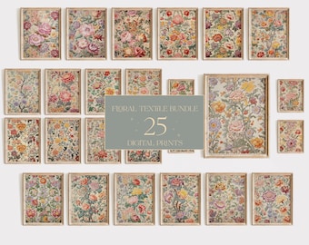 May include: A collection of 25 digital prints featuring floral textile designs. The prints are framed and displayed on a white wall. The text "Floral Textile Bundle" and "25 Digital Prints" is visible in the center of the image.