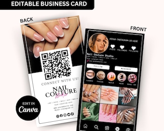 May include: Black and white business card for a nail salon called "Nail Couture Studio". The front of the card features a social media profile with a photo of a woman, a QR code, and a grid of images of manicured nails. The back of the card has a QR code and the text "Connect with us! Nail Couture Studio".