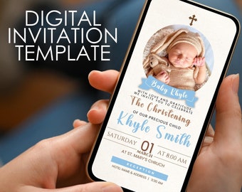 Digital Christening Invitation for boys, Template Baby Boy Baptism ,Editable Baptism Evite, Phone Baptism Photo Invitation, Download