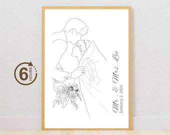 Dibujo de una línea, retrato de pareja personalizado, regalo familiar personalizado, regalo de aniversario de boda personalizado, línea personalizada de la foto