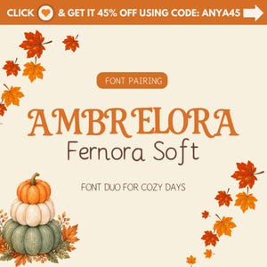 May include: A digital graphic featuring the text FONT PAIRING, AMBRELORA, Fernora Soft, and FONT DUO FOR COZY DAYS. The design includes a stack of three pumpkins in orange, white, and green, surrounded by scattered autumn leaves in shades of red and orange.