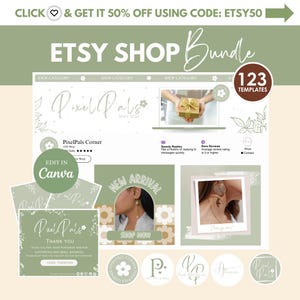 Op de afbeelding: Een groene en witte grafische ontwerptemplatebundel voor Etsy-winkels. De bundel bevat 123 templates voor social media-berichten, productvermeldingen en meer. De templates hebben een bloemmotief en de tekst "Pixel Pals" en "Etsy Shop Bundle".