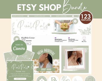 Etsy Shop Banner Templates, Cottagecore Sage Green Editable Etsy Branding Kit Template Canva Banner Templates | Etsy Giftshop Banner