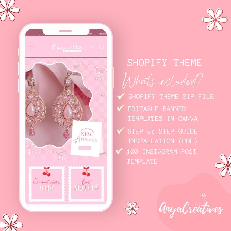 Shopify Theme Coquette Red Pink Bows Customizable Ecommerce Shopify Theme Editable Canva Banners Boutique Aesthetic Shopify Theme