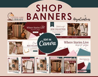 May include: A digital graphic display showcasing customizable shop banners for Etsy, featuring book-themed imagery, text overlays like Where Stories Live, and a central circular badge that reads Edit in Canva, set against a light beige background.