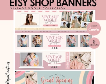Etsy Shop Kit Rosa Regnbåge - Etsy Bannermallar Canva - Etsy Butikslistningsdesign - Etsy Branding Redigerbar Mockup | Vintage Vogue Studio