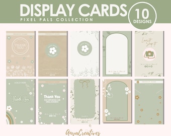 May include: Ten editable display card templates featuring a pixel pals theme. The cards are in a light green, brown, and white color scheme with floral designs and text that says "Thank You" and "Love it Snap it".
