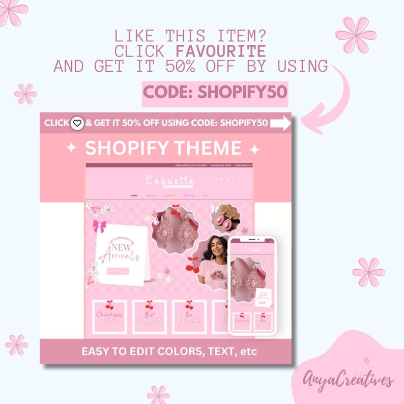Shopify Theme Coquette Red Pink Bows Customizable Ecommerce Shopify Theme Editable Canva Banners Boutique Aesthetic Shopify Theme