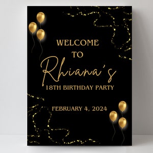 Black and Gold Welcome Sign template, printable birthday welcome sign poster, adult birthday, Black and Gold party decor, Any Age Birthday