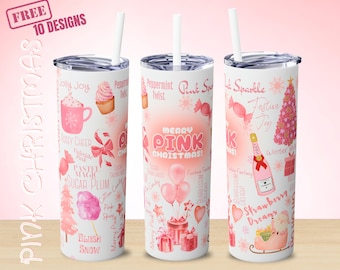 May include: Three pink and white Christmas themed tumblers with straws. The tumblers feature various pink and white designs including snowflakes, candy canes, presents, and a Christmas tree. The text on the tumblers reads "Merry Pink Christmas!" and "Pink Sparkle".