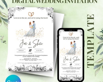 May include: A digital wedding invitation template with a white background and black floral accents. The invitation features a watercolor illustration of a couple in wedding attire, with the text "Love is in the air, and we're tying the knot!" at the top. The couple's names, "Joe & Shei", are written in a cursive font, along with the date and time of the wedding. The invitation also includes the name of the venue, "Astoria Hotel".