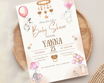 May include: A baby shower invitation with a pink and brown color scheme. The invitation features a cute illustration of a bunny holding balloons and a mobile with hearts. The text on the invitation reads "Please join us for a Baby Shower Honoring YANNA 23 DECEMBER AT 10:00 AM RSVP to Donna at +123-456-7890 We appreciate your presence."