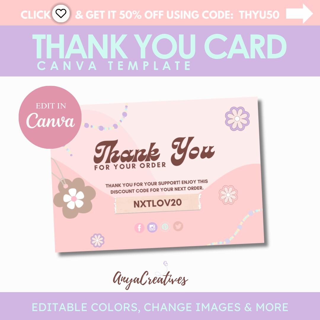 Pink Thank You Card Template Flower Canva Thankyou Order Card Pretty ...