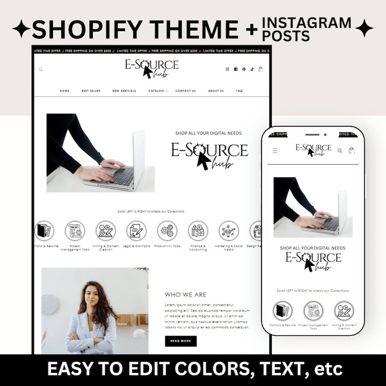 Shopify Theme for Digital Products Black White Shopify Template Editable Canva Banners Minimalist Elegant Shopify Store Design