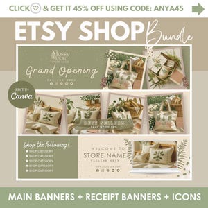 Könnte beinhalten: Grafik für ein Etsy Shop-Bundle in Grün- und Beigetönen. Es enthält Banner, Quittungsbanner und Symbole. Der Text umfasst "Grand Opening", "Best Sellers" und "Edit in Canva". Das Bild zeigt auch Tragetaschen und Kissen, ideal für das Shop-Branding.