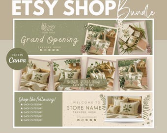 Etsy Shop Banner Templates, Cottagecore Sage Green Editable Etsy Branding Kit Template Canva Banner Templates | Etsy Giftshop Banner | MNv1
