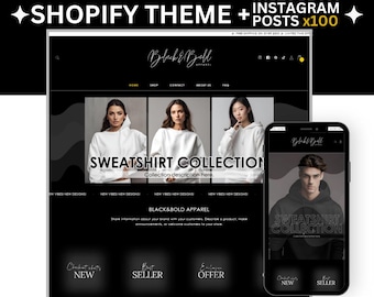 May include: Black and white mockup of a Shopify theme for an apparel store. The theme features a black background with white text and images. The theme includes a header, a banner image, a product section, and a footer. The theme is easy to edit and customize. The image also includes a mockup of an Instagram post for the same store.