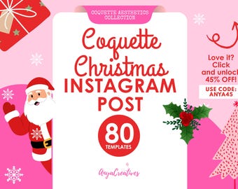 May include: A pink and white graphic for a Christmas Instagram post, featuring Santa Claus, snowflakes, and a gift. The text reads "Coquette Christmas Instagram Post" with "80 Templates". Includes a call to action to unlock a discount.
