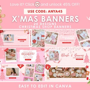 May include: Pink and white Christmas shop banner templates with various designs. The image includes text that says "X'MAS BANNERS" and "EASY TO EDIT IN CANVA". There is a gingerbread man and Santa Claus illustration.