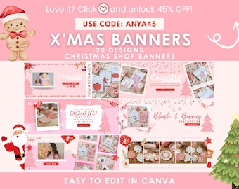 May include: Pink and white Christmas shop banner templates with various designs. The image includes text that says "X'MAS BANNERS" and "EASY TO EDIT IN CANVA". There is a gingerbread man and Santa Claus illustration.
