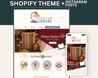 May include: A Shopify website theme template featuring a logo with a lamp icon and the text The Little Lamp Libraby. The design includes a hero section with books, a candle, and the text Where Stories Live beyond pages, plus featured categories.