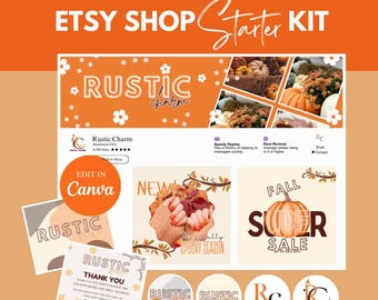 May include: A digital marketing kit for Etsy shops with a rustic theme. The kit includes social media graphics, logos, and a thank you card. The graphics feature fall colors, pumpkins, and leaves. The text on the graphics includes "Rustic Charm", "New", "Spooky Season", "Fall Super Sale", and "Thank You".