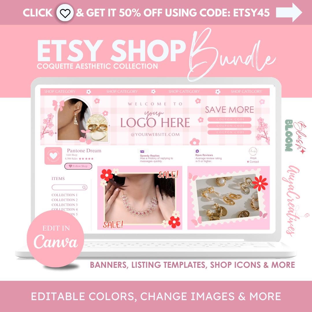 Coquette Aesthetic Etsy Shop Banner Templates-Pretty Bows Cherries - Cute Pink Store Branding - Feminine Shop Design