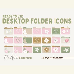 May include: Set of 18 digital desktop folder icons featuring a variety of floral and heart designs in pink, green, brown, and white. The icons are labelled "Pixel Pals Collection" and "@anyacreatives.com".