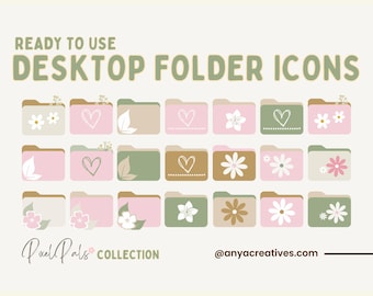 May include: Set of 18 digital desktop folder icons featuring a variety of floral and heart designs in pink, green, brown, and white. The icons are labeled "Pixel Pals Collection" and "@anyacreatives.com".