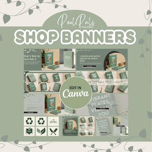 Może przedstawiać: Zbiór zielonych i białych banerów sklepowych z tekstem "Pixel Pals Volume 2 Shop Banners" i "Edit in Canva". Banery prezentują różne wzory z tekstem, takim jak "What's New in Pixel Pals 2", "A playful, pixel-perfect upgrade for modern shops", "The 35% off sale starts soon!" i "Vibrant Plates, Vibrant You".
