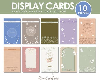 May include: Ten display card templates featuring a variety of designs with floral accents and text. The designs include "Thank You", "Logo Here", and "Love It Snap It". The cards are editable and can be customized with different colors and images.