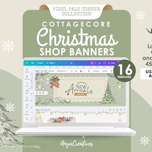 May include: A laptop displays a design for Christmas shop banners. The design features a cottagecore theme with text that reads "Christmas Shop Banners". The image includes a Christmas tree illustration and the text "New Arrivals". The image also includes the text "16 Templates".