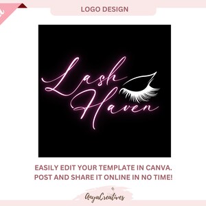 Könnte beinhalten: Ein pinkfarbenes Neon-Schild mit dem Text "Lash Haven" in einer kursiv geschriebenen Schrift. Rechts neben dem Text befindet sich ein stilisiertes weißes Auge mit Wimpern.