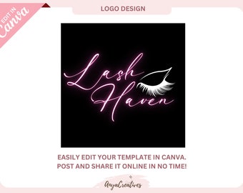 May include: Pink neon sign with the text "Lash Haven" in a cursive font. A white stylized eye with eyelashes is to the right of the text.