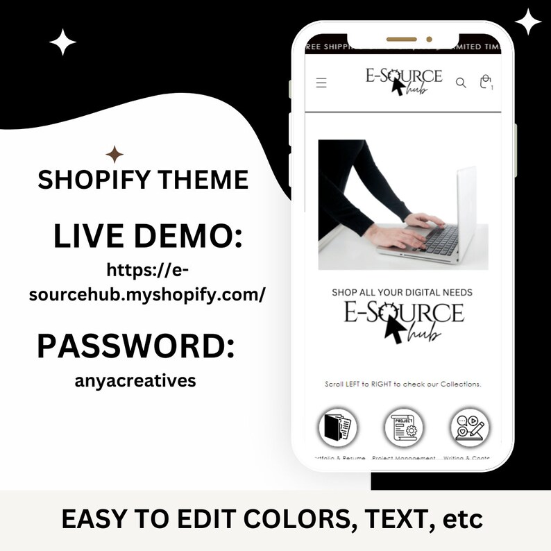 Shopify Theme for Digital Products Black White Shopify Template Editable Canva Banners Minimalist Elegant Shopify Store Design