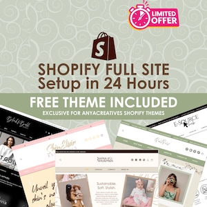 Puede incluir: Imagen promocional para la configuración de sitios web de Shopify. El texto incluye "Shopify Full Site Setup in 24 Hours" y "Free Theme Included". Se muestran varias maquetas de sitios web, mostrando diferentes estilos de diseño y categorías de productos. También hay una insignia de oferta limitada.